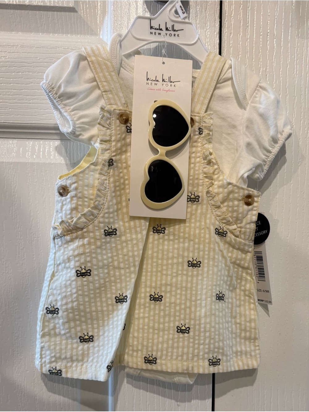 Nicole Miller Yellow Bee Seersucker Overall Dress with Cream Sunglasses